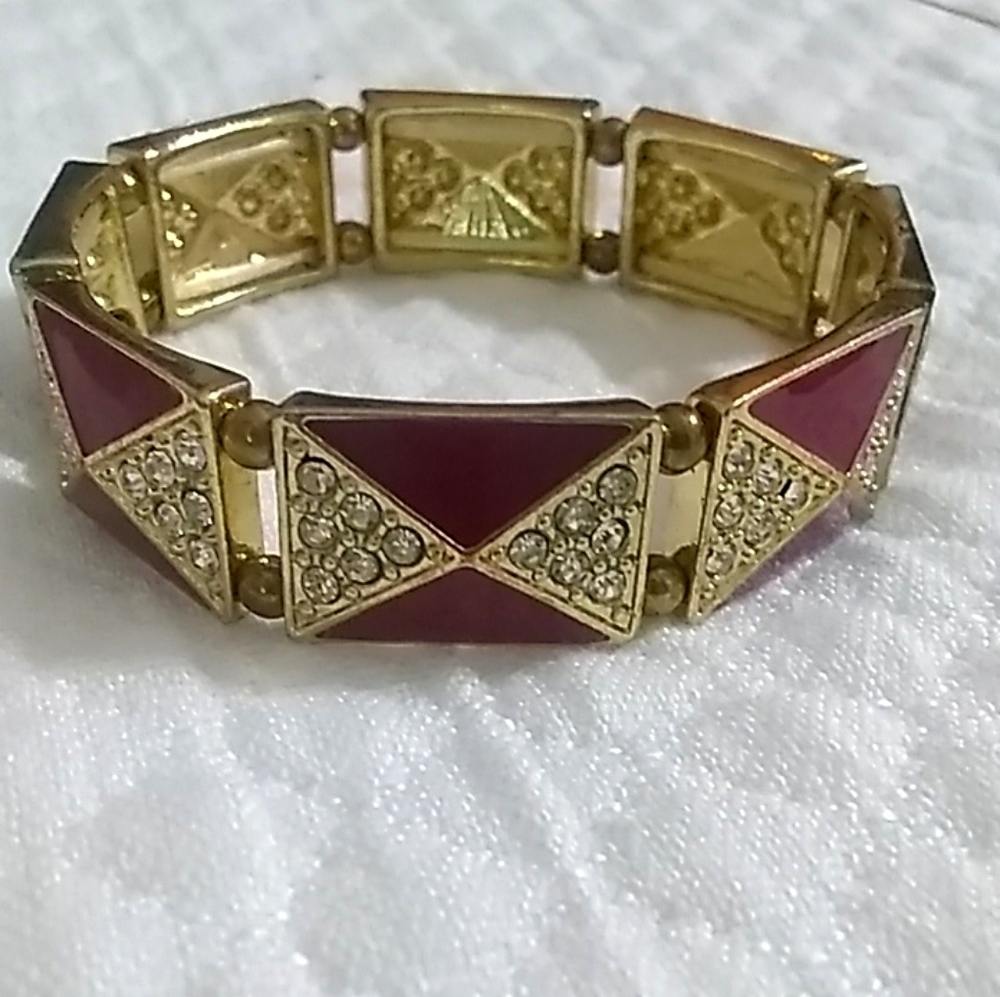 Women's Geometric Red & Gold Toned w/ Rhinestones Linked Stretch Metal Bracelet